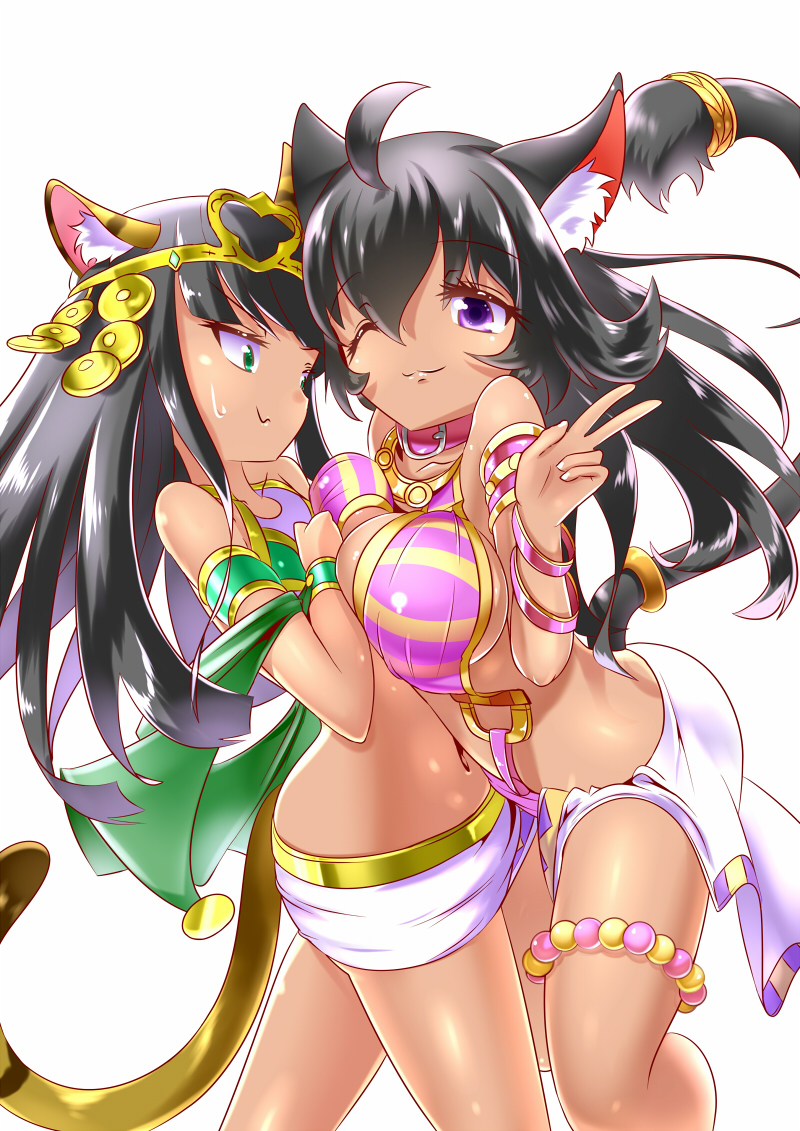 10s, 2girls, ahoge, ancient_egyptian, animal_ears, asymmetrical_docking, bastet_(monster_strike), bastet_(p&amp;d), black_hair, bra-cky, breast_envy, breast_press, breasts, cat_ears, cat_tail, crossover, dark-skinned_female, dark_skin, flat_chest, green_eyes, headdress, jewelry, large_breasts, long_hair, lots_of_jewelry, monster_strike, multiple_girls, name_connection, navel, purple_eyes, puzzle_&amp;_dragons, tail