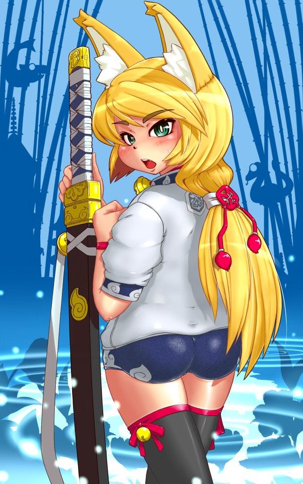 1girl, 7th_dragon, 7th_dragon_(series), animal_ears, ass, bad_id, bad_pixiv_id, bell, buruma, d01, female_focus, fox_ears, green_eyes, gym_uniform, huge_weapon, katana, long_hair, looking_at_viewer, namuna_(7th_dragon), open_mouth, pantylines, ponytail, samurai_(7th_dragon), sheath, sheathed, solo, sword, thighhighs, weapon
