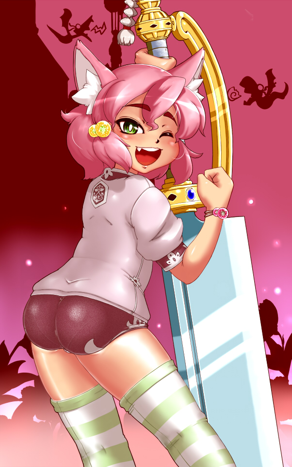 1girl, 7th_dragon, 7th_dragon_(series), ;d, animal_ears, ass, bad_id, bad_pixiv_id, bracelet, buruma, cat_ears, contrapposto, d01, fang, female_focus, fighter_(7th_dragon), green_eyes, gym_uniform, hair_bobbles, hair_ornament, harukara_(7th_dragon), huge_weapon, jewelry, looking_at_viewer, one_eye_closed, open_mouth, pantylines, pink_hair, short_hair, smile, solo, standing, striped_clothes, striped_thighhighs, sword, thighhighs, weapon