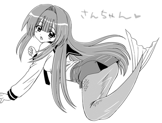 00s, 1girl, :<, :o, aoyama_reo, bent_over, blush, character_name, female_focus, fins, fish_tail, from_side, greyscale, long_hair, looking_back, mermaid, mermaid_tail, mermaid_transformation, midriff, monochrome, monster_girl, open_mouth, scales, school_uniform, serafuku, seto_no_hanayome, seto_sun, skirt, solo, tail, translation_request, very_long_hair