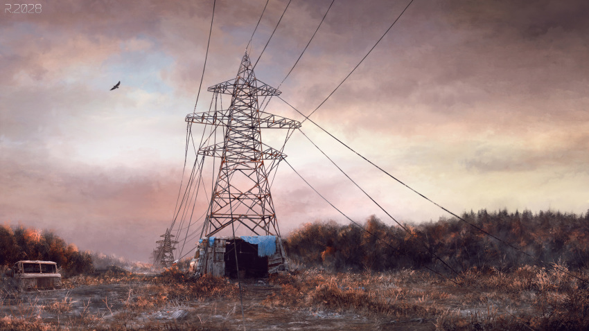 bird, cable, cloud, cloudy_sky, forest, gaz-66, grass, highres, hut, motor_vehicle, nature, no_humans, original, outdoors, power_lines, scenery, sky, transmission_tower, truck, wreckage, yu-kun