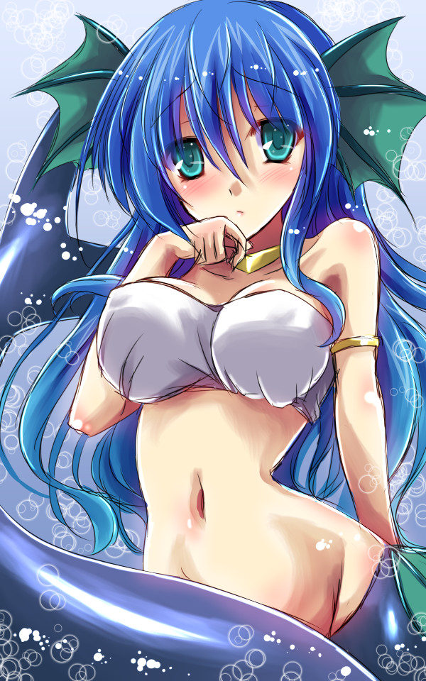 1girl, aqua_eyes, arm_support, blue_eyes, blue_hair, breasts, covered_erect_nipples, crop_top, female_focus, finger_to_mouth, fins, frown, head_fins, large_breasts, long_hair, looking_at_viewer, madou_monogatari, matching_hair/eyes, mermaid, midriff, monster_girl, navel, off_shoulder, puyopuyo, serilly_(puyopuyo), solo, wavy_hair, yamu_(reverse_noise)