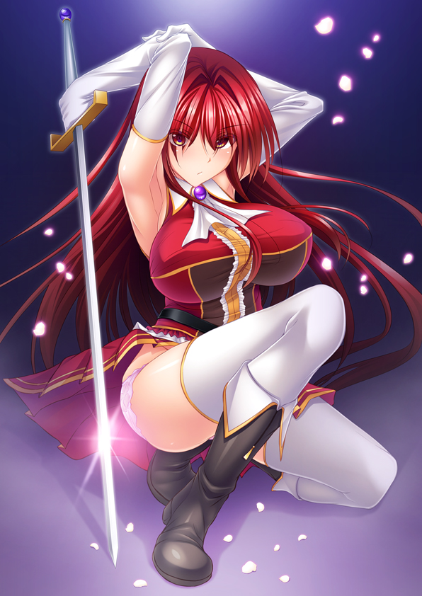 >:/, 1girl, :/, armpits, arms_up, black_boots, blush, boots, breasts, brown_eyes, dendendert, elbow_gloves, female_focus, full_body, gloves, himekishi_sharon_to_isekai_no_yuusha, huge_breasts, kneeling, long_hair, looking_at_viewer, official_art, on_one_knee, original, panties, petals, red_hair, solo, sword, thighhighs, underwear, v-shaped_eyebrows, weapon, white_gloves, white_thighhighs, yellow_eyes