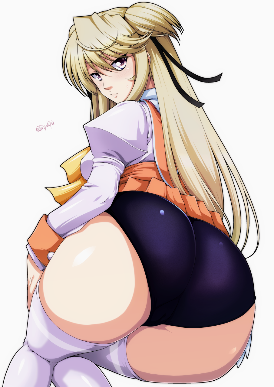 1girl, ass, bad_id, bad_pixiv_id, blonde_hair, buruma, female_focus, happy_princess, highres, hiromin, lips, long_hair, looking_at_viewer, looking_back, md5_mismatch, nikita_martemiyanov, pink_eyes, purple_thighhighs, simple_background, solo, terios, thighhighs, thighs, white_background