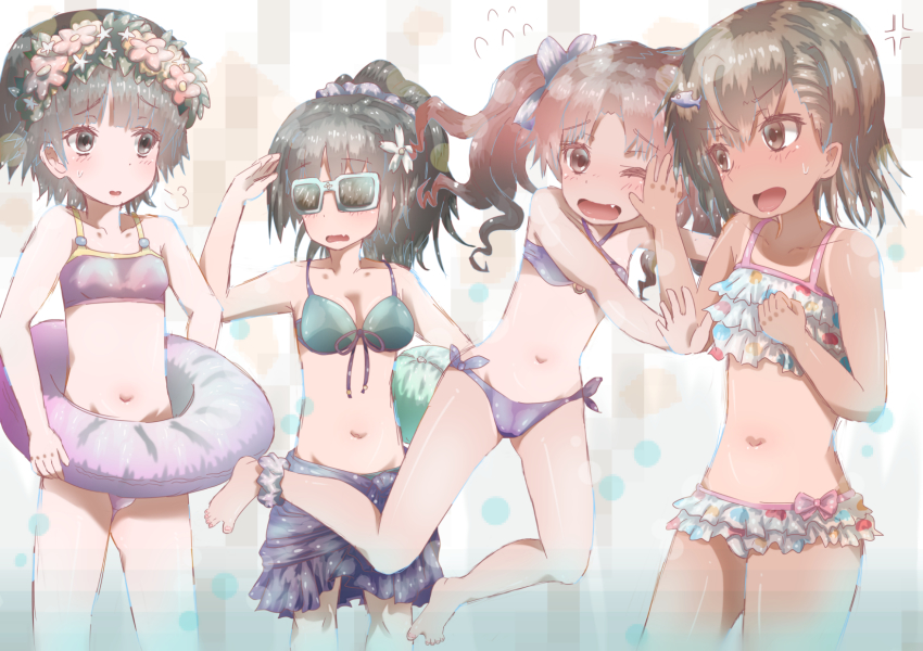 4girls, bad_id, bad_pixiv_id, barefoot, bikini, black_hair, brown_eyes, brown_hair