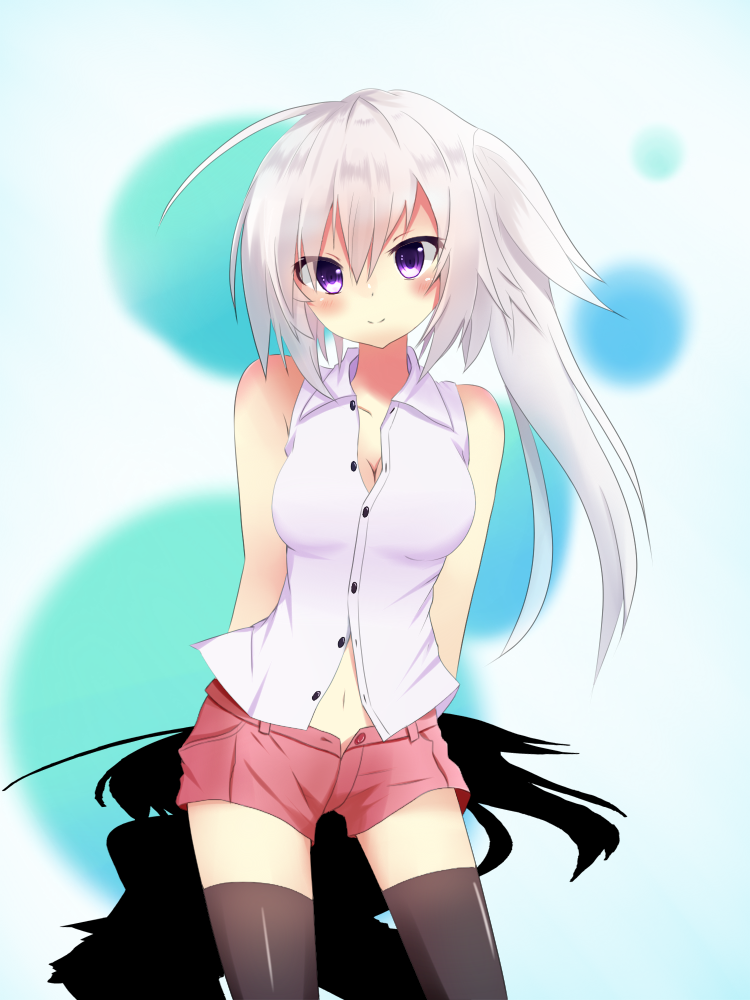 1girl, ahoge, arms_behind_back, bad_id, bad_pixiv_id, black_thighhighs, blue_eyes, breasts