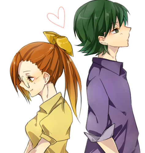 1boy, 1girl, blouse, blush, bow, brown_hair, fujiwara_hazuki, glasses