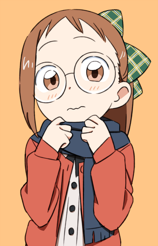 1girl, asymmetrical_hair, blush, bow, brown_eyes, brown_hair, female_focus, fujiwara_hazuki, glasses, hair_bow, jacket, long_hair, long_sleeves, ojamajo_doremi, open_clothes, open_jacket, orange_background, ponytail, round_eyewear, scarf, simple_background, solo, takken_(kupipo)