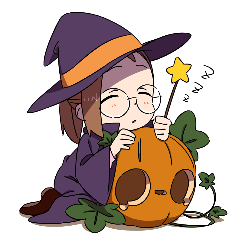 1girl, brown_hair, closed_eyes, female_focus, fujiwara_hazuki, glasses, hat, jack-o'-lantern