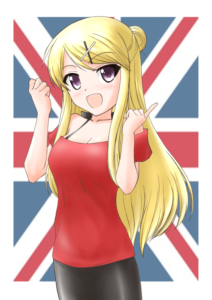 10s, 1girl, :d, bare_shoulders, black_skirt, blonde_hair, breasts, cleavage