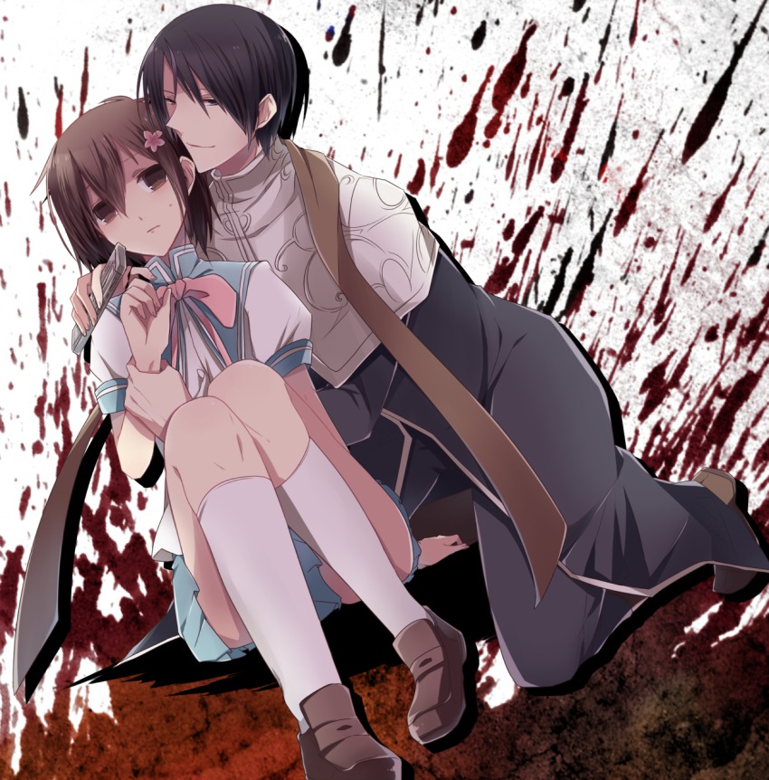 1boy, 1girl, black_hair, blood, brown_hair, chibana_meiri, dolls_fall, hair_ornament