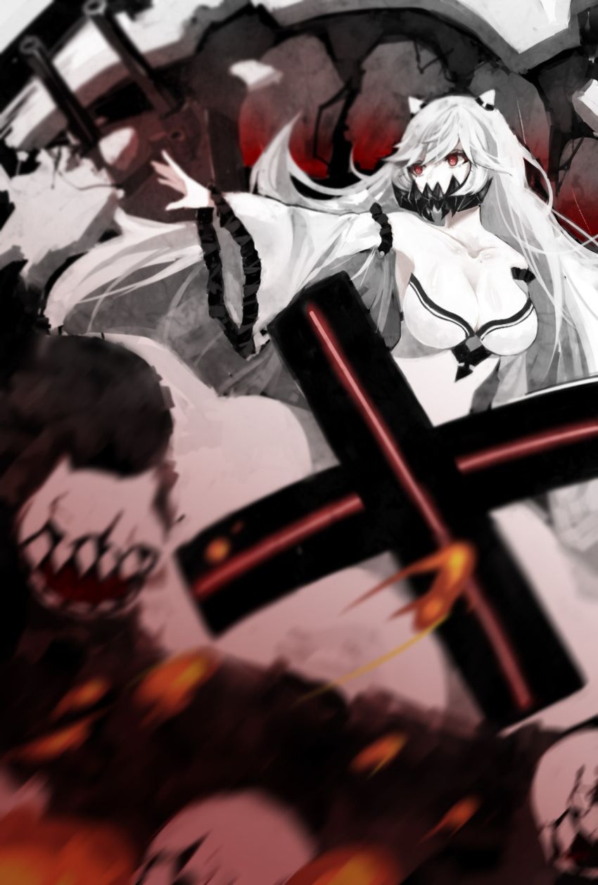 10s, 1girl, abyssal_ship, bare_shoulders, breasts, cleavage, covered_mouth, detached_sleeves