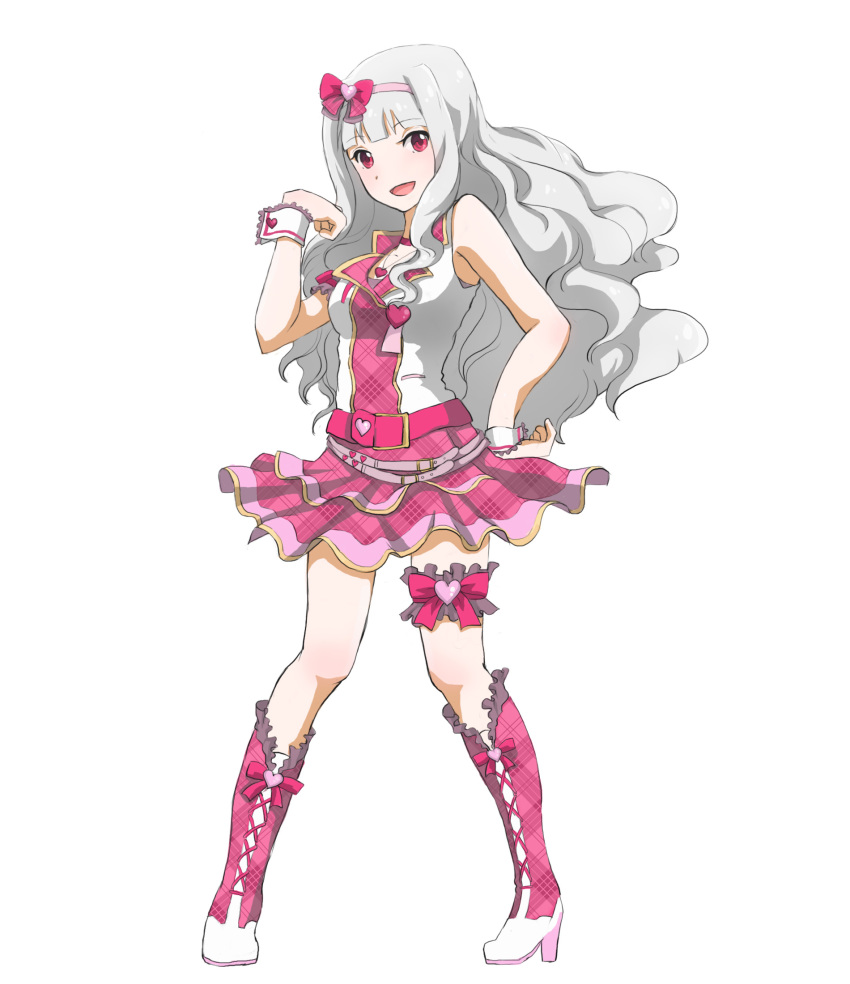 10s, 1girl, :d, belt, boots, female_focus, grey_hair, hairband