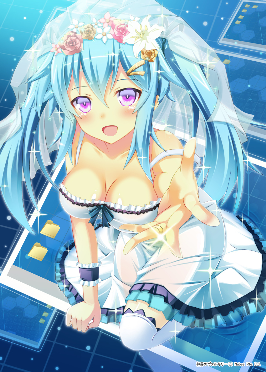 1girl, :d, blue_hair, breasts, bridal_veil, cleavage, dress, highres
