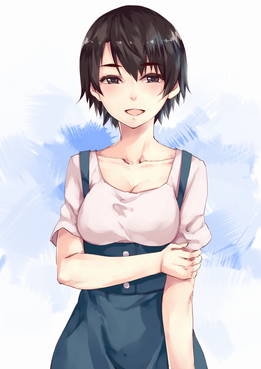 10s, 1girl, :d, arios_(orochi_yuta), black_eyes, black_hair, blue_dress, blush