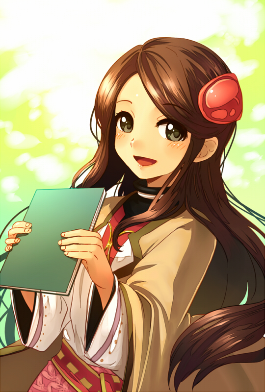 1girl, :d, book, brown_eyes, brown_hair, felicity, female_focus, hair_ornament