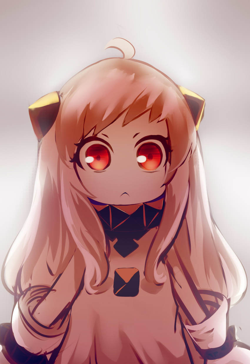 10s, 1girl, :<, absurdres, abyssal_ship, ahoge, dress, female_focus, highres, horns, kantai_collection, long_hair, looking_at_viewer, mittens, nakajima_shion, northern_ocean_princess, pale_skin, red_eyes, sion_(nakajima_shion), solo, white_dress, white_hair