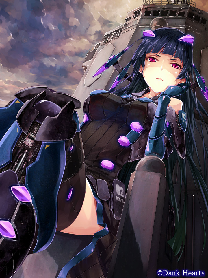 1girl, armor, blue_hair, blunt_bangs, breasts, dress, female_focus, head_rest
