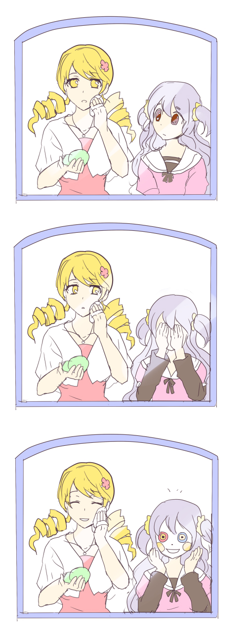 10s, 2girls, :d, blonde_hair, brown_eyes, casual, comic, dillsien, drill_hair, hair_ornament, hairpin, highres, laughing, long_hair, looking_at_another, mahou_shoujo_madoka_magica, mahou_shoujo_madoka_magica:_hangyaku_no_monogatari, makeup, momoe_nagisa, multiple_girls, open_mouth, simple_background, smile, tomoe_mami, twin_drills, two_side_up, white_background, white_hair, yellow_eyes