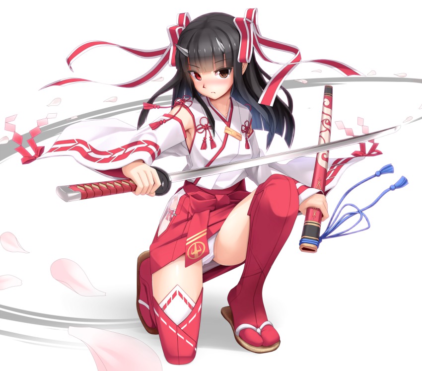 1girl, bare_shoulders, black_hair, brown_eyes, detached_sleeves, eto, female_focus, hair_ribbon, heterochromia, kanagi_maihime, kneeling, on_one_knee, panties, pantyshot, petals, phantasy_star, phantasy_star_online_2, red_eyes, revision, ribbon, scabbard, sheath, solo, squatting, sword, tassel, thighhighs, twintails, underwear, unsheathed, upskirt, weapon