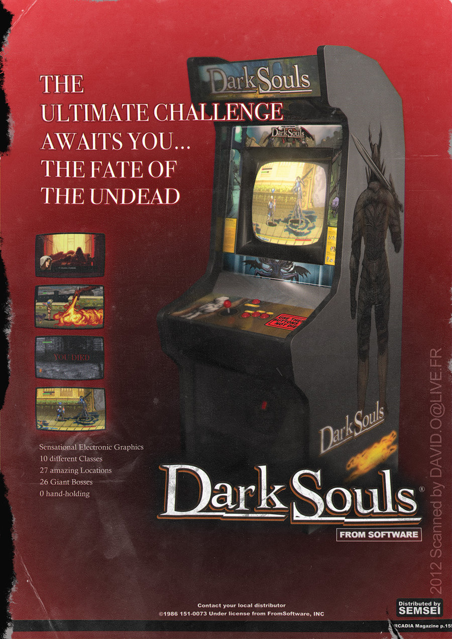 1980s_(style), arcade_cabinet, artorias_the_abysswalker, dark_souls_(series), dark_souls_i, david_semsei, fake_scan, fake_screenshot, gaping_dragon, highres, image_sample, knight, oldschool, queen_of_sunlight_gwynevere, retro_artstyle, sword, weapon