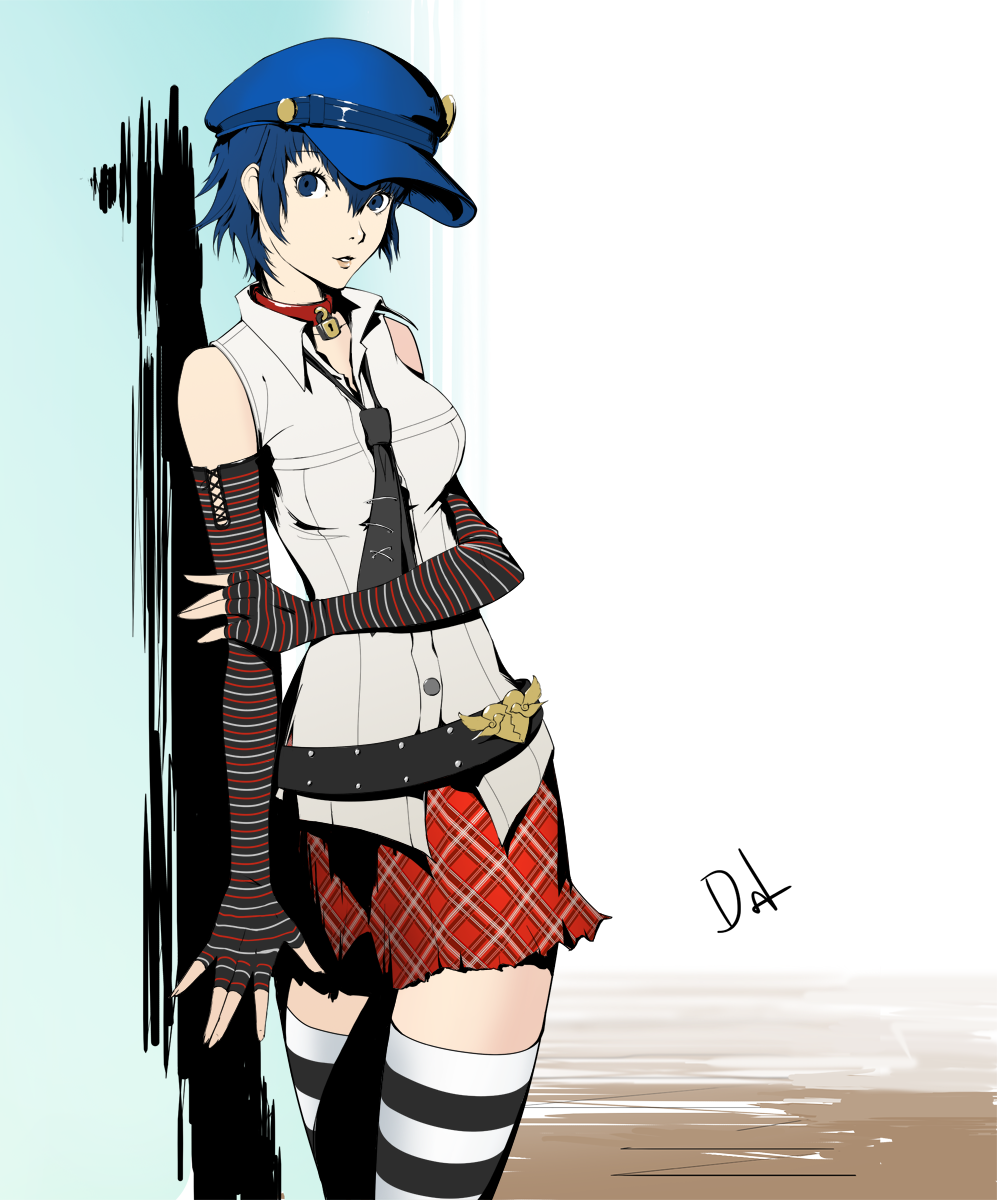1girl, alternate_costume, blue_eyes, blue_hair, newsboy_cap, collar, cosplay, dh_(brink_of_memories)