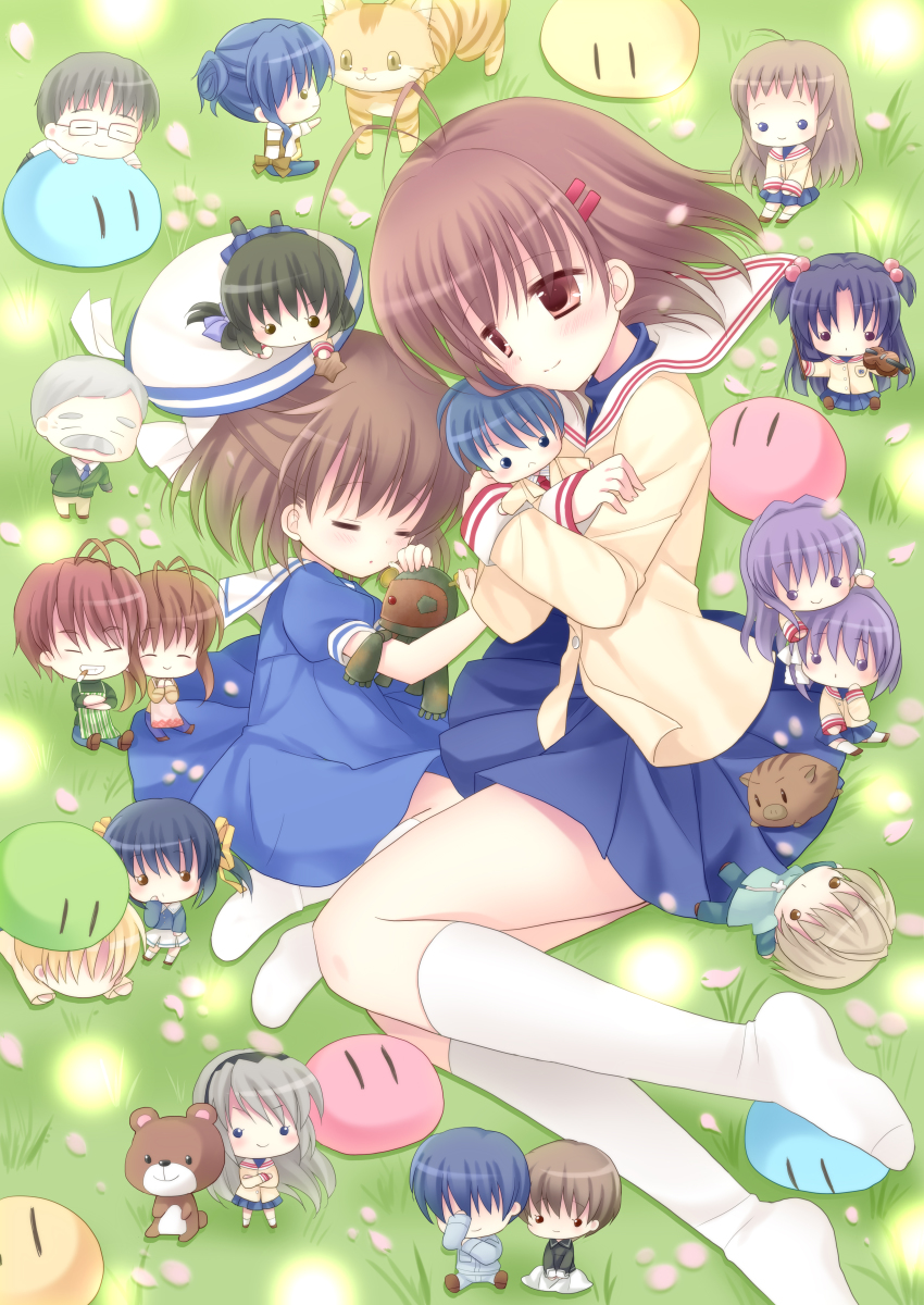 00s, 6+boys, 6+girls, absurdres, ahoge, bear, botan_(clannad), cat
