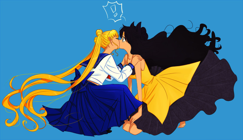 2girls, barefoot, big_hair, bishoujo_senshi_sailor_moon, black_hair, blonde_hair, blue_background, blue_sailor_collar, blue_skirt, closed_eyes, double_bun, dress, full_body, hair_bun, hands_on_another's_shoulders, highres, kiss, kneeling, lisginka, long_hair, long_skirt, luna_(sailor_moon), luna_(sailor_moon)_(human), multiple_girls, personification, petticoat, pleated_skirt, sailor_collar, school_uniform, serafuku, simple_background, skirt, sleeveless, sleeveless_dress, surprised, tsukino_usagi, twintails, very_long_hair, yuri