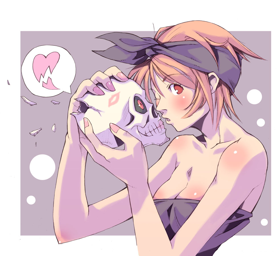 1girl, bare_shoulders, black_sclera, blush, breasts, broken_heart, cleavage, colored_sclera
