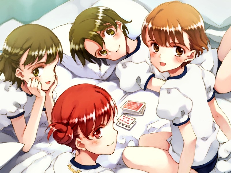 4girls, bed, buruma, card, gym_uniform, hair_bun, head_rest, kneeling
