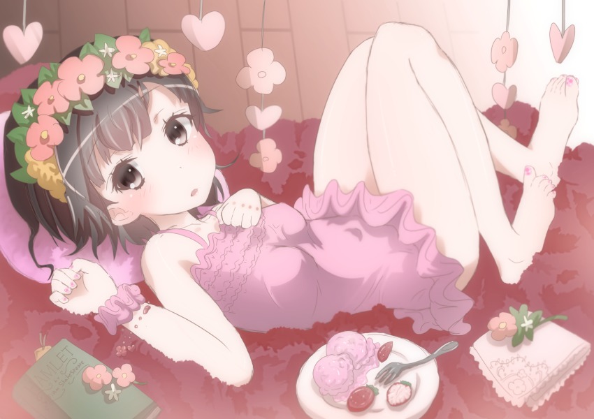 1girl, bad_id, bad_pixiv_id, barefoot, black_hair, book, dress, feet