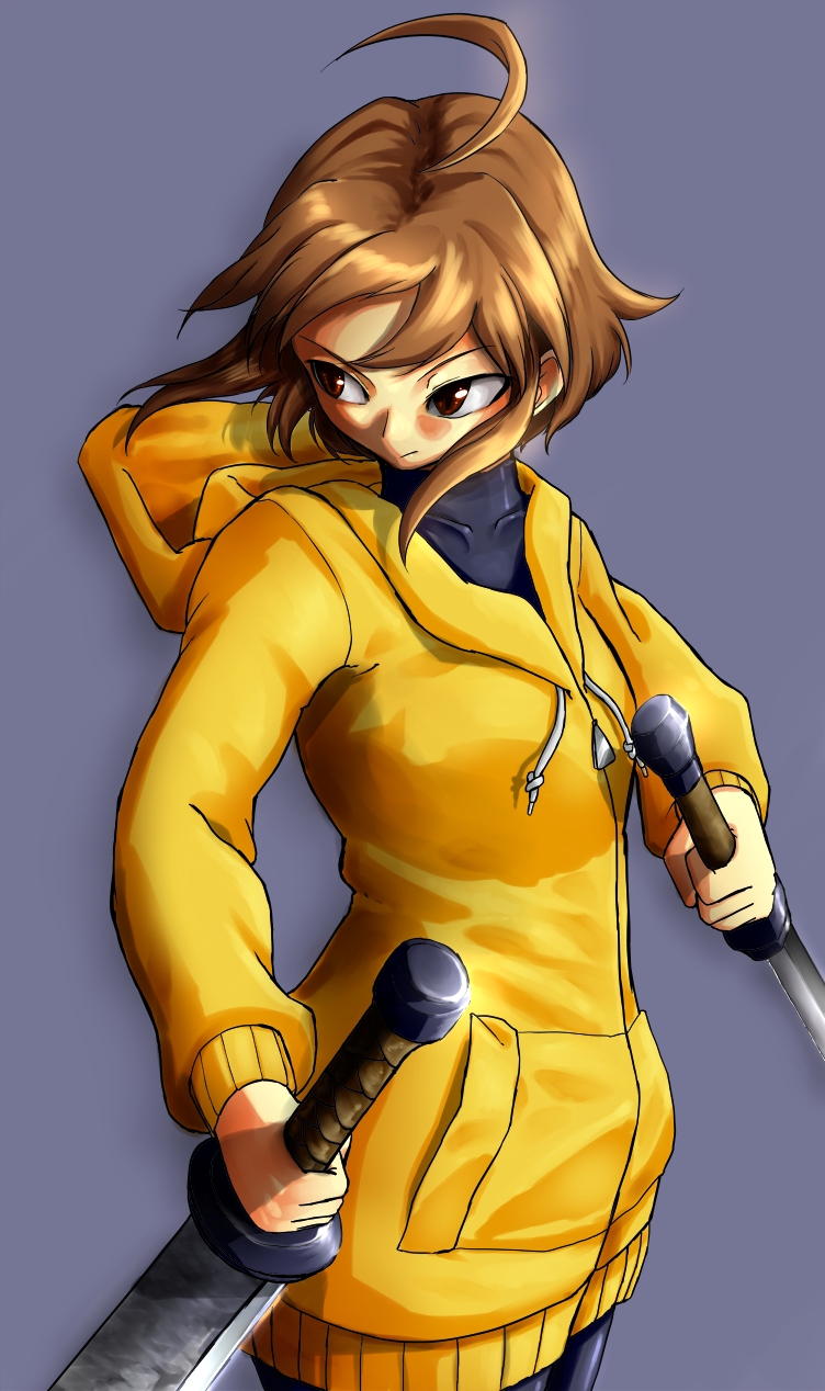 1girl, ahoge, bike_shorts, brown_eyes, brown_hair, dual_wielding, female_focus, highres