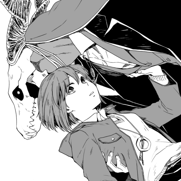10s, 1boy, 1girl, animal_skull, bad_id, bad_pixiv_id, elias_ainsworth, greyscale, hatori_chise, horns, jewelry, long_sleeves, mahou_tsukai_no_yome, monochrome, pendant, short_hair, simple_background, skull_head, white_background, yamazaki_kore