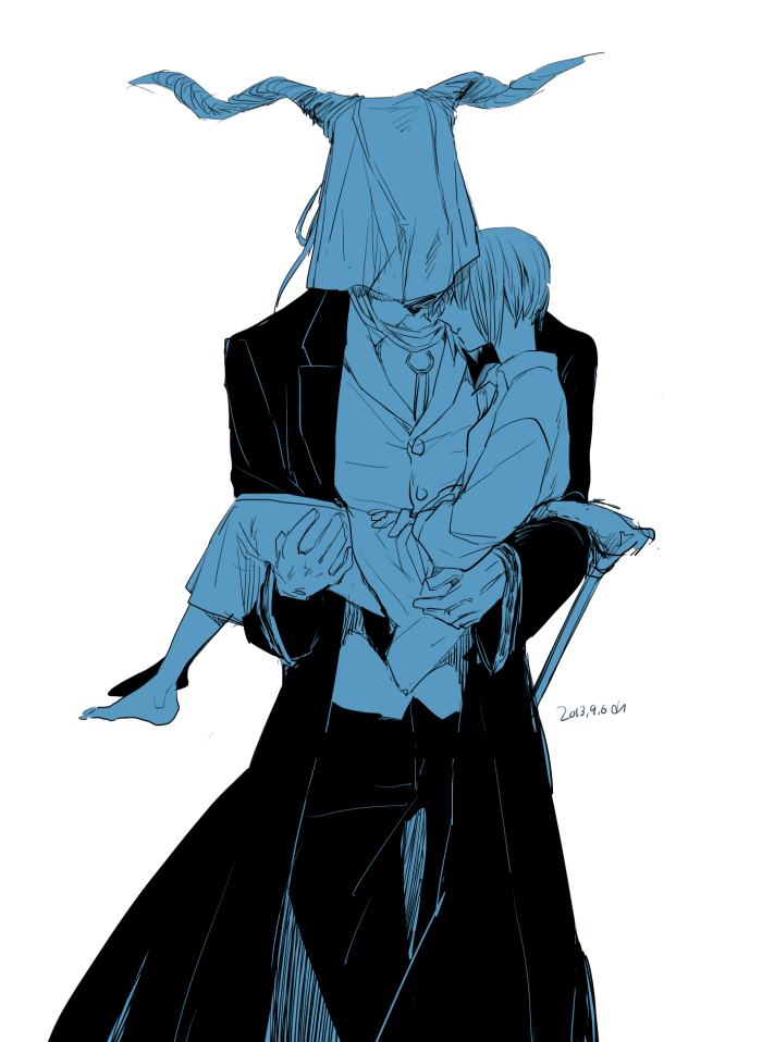 10s, 1boy, 1girl, bad_id, bad_pixiv_id, black_pants, blue_theme, cane