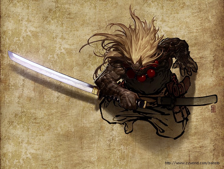 00s, 4th_apostle_conqueror_kasijas, blonde_hair, dnf, dungeon_and_fighter, horns, katana, long_hair, monster, no_humans, oni, sheath, sword, weapon