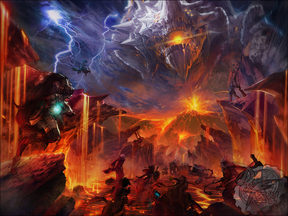 00s, anton, dnf, dungeon_and_fighter, epic, female_gunner_(dungeon_and_fighter), gunner_(sekaiju), knight, male_mage, lava