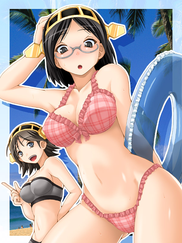 10s, 2girls, beach, bikini, black_eyes, black_hair, breasts, brown_hair