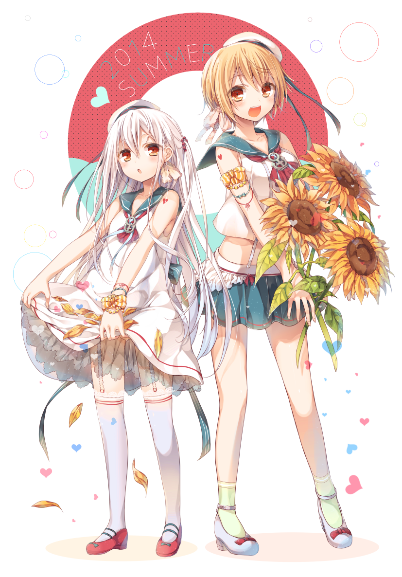 2girls, :d, ameko_(komeshiro_kasu), blonde_hair, bow, clothes_lift, dress, flower