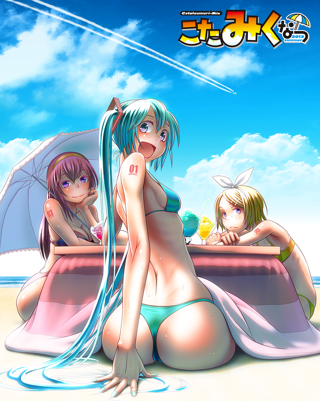 3girls, :d, aircraft, airplane, aqua_eyes, aqua_hair, ass, beach, bikini, blonde_hair, blue_eyes, blue_sky, bow, breasts, cleavage, cloud, contrail, day, fingernails, food, green_bikini, hair_bow, hatsune_miku, highres, kagamine_rin, kotatsu, long_hair, looking_at_viewer, looking_back, medium_breasts, megurine_luka, multiple_girls, nail_polish, open_mouth, outdoors, pink_hair, shaved_ice, short_hair, sideboob, sitting, sky, small_breasts, smile, sweat, swimsuit, table, thong, thong_bikini, twintails, umbrella, very_long_hair, vocaloid, water, wokada