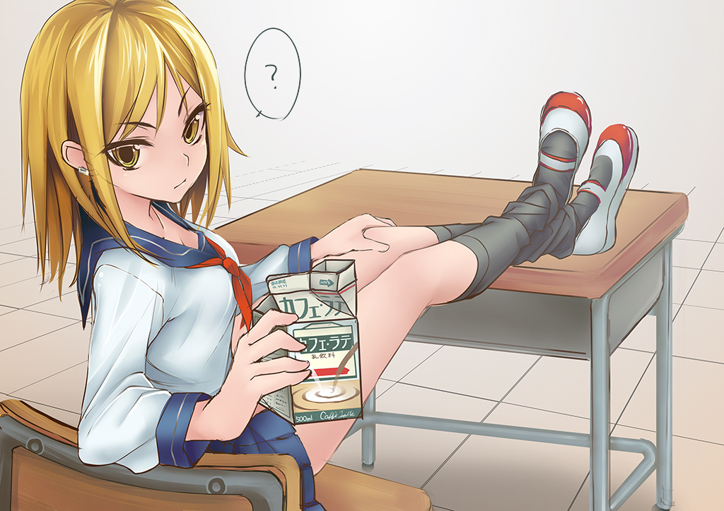 1girl, ?, blonde_hair, chair, classroom, coffee, collarbone, desk