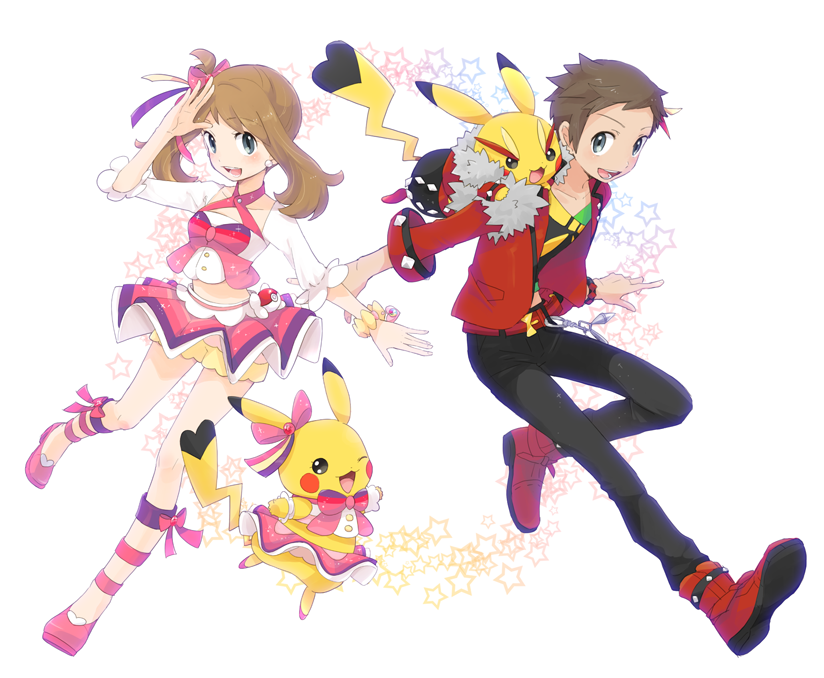 1boy, 3girls, alternate_costume, belt, boots, bow, bracelet, brendan_(pokemon)