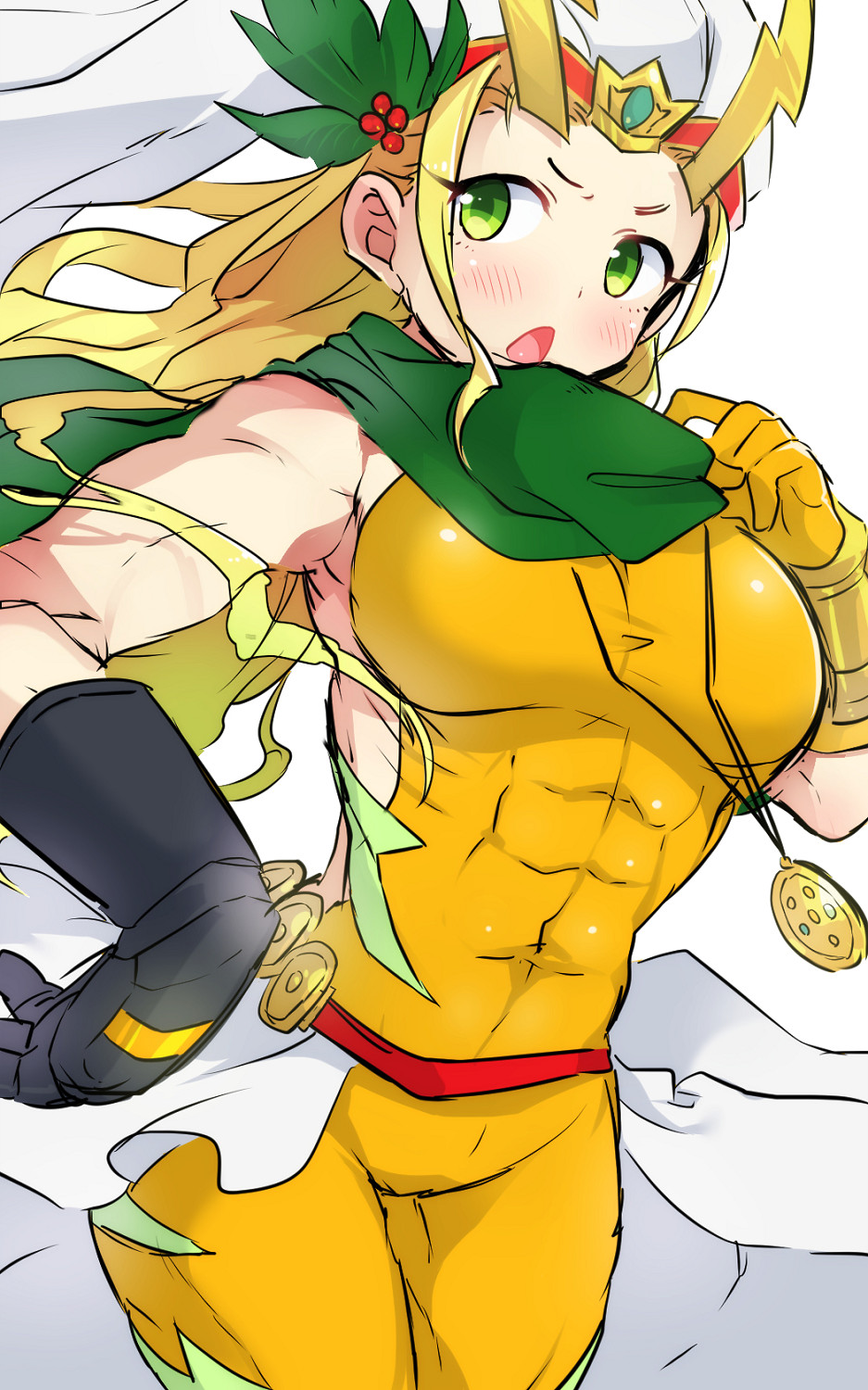 1girl, abs, armpits, asymmetric_gloves, asymmetrical_gloves, bare_shoulders, berry, black_gloves, blonde_hair, blush, bodysuit, breasts, covered_navel, female_focus, genderswap, genderswap_(mtf), gloves, green_eyes, headdress, highres, jewelry, large_breasts, leaf, lightning_bolt_symbol, long_hair, marui_shiro, muscular, muscular_female, necklace, open_mouth, pendant, puzzle_&amp;_dragons, scarf, solo, thor_(p&amp;d), uneven_gloves, yellow_gloves
