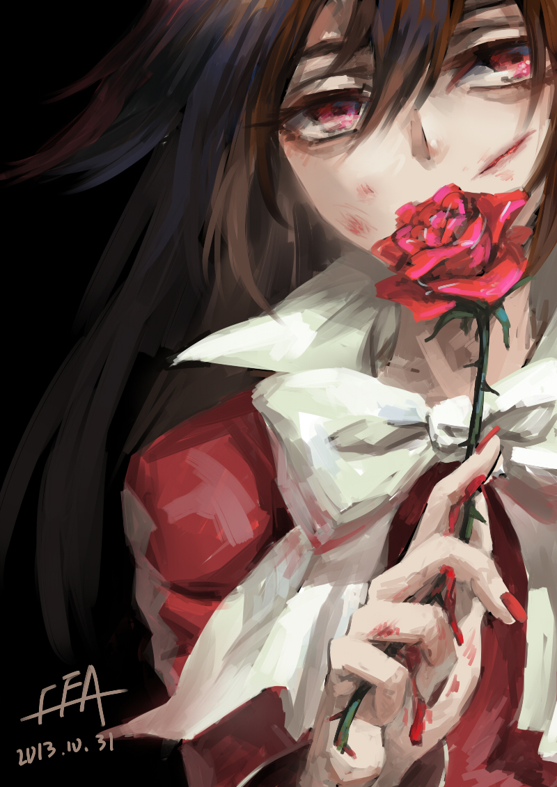 00s, 1girl, alice_(pandora_hearts), blood, blood_on_face, bow, brown_hair, bruise