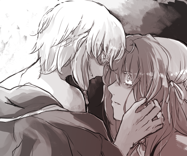 00s, 2girls, ada_vessalius, bow, cape, dress, echo_(pandora_hearts), evil_smile, formal_clothes, hair_ornament, hair_ribbon, hair_tubes, jewelry, long_hair, monochrome, multiple_girls, noise_(pandora_hearts), open_mouth, pandora_hearts, ribbon, short_hair, smile, spoilers, tears, wavily