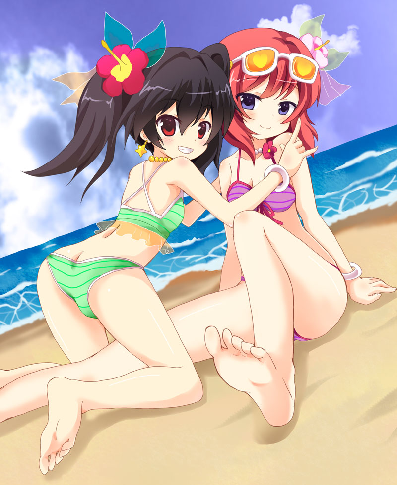 10s, 2girls, ass, barefoot, bikini, eyewear_on_head, feet, looking_at_viewer
