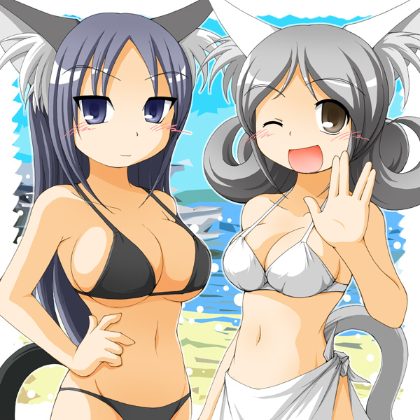 2girls, animal_ears, bikini, blue_hair, breasts, brown_eyes, cat_ears, cat_tail