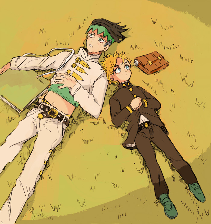 2boys, bag, belt, black_hair, blonde_hair, blue_eyes, earrings, gakuran