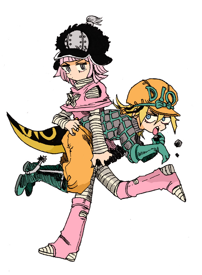1boy, 1girl, belt, blonde_hair, blue_eyes, boots, carrying, diego_brando