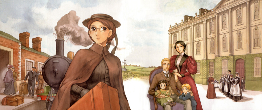00s, 6+boys, 6+girls, adele_(emma), apron, brown_eyes, brown_hair, building
