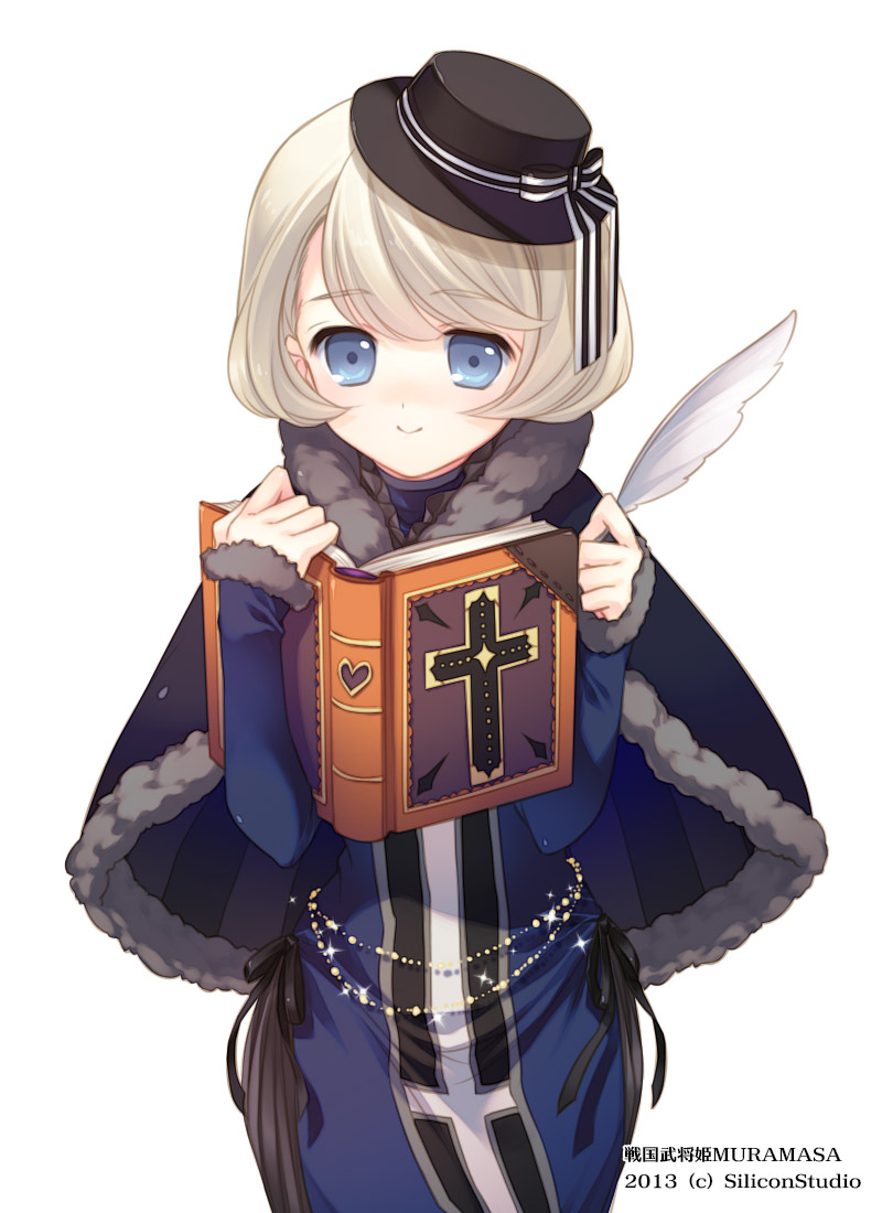 1girl, blonde_hair, blue_eyes, book, female_focus, hat, luis_frois_(sengoku_bushouki_muramasa), mizuno_sao, official_art, sengoku_bushouki_muramasa, short_hair, simple_background, smile, solo, white_background